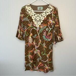 Judith March Dress Womens Small Brown Floral Bird Shift Mini Bell Flare Sleeves